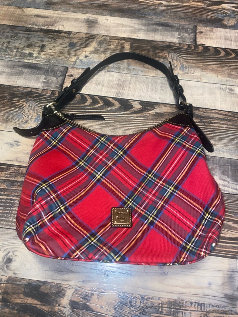Dooney & Bourke Red Plaid Shoulder Hobo with Black Trim